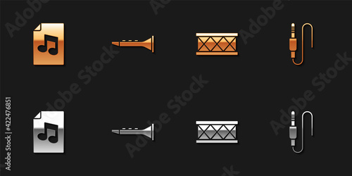 Set Music book with note, Clarinet, Drum and Audio jack icon. Vector
