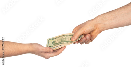 Men hand holding and giving dollars to woman