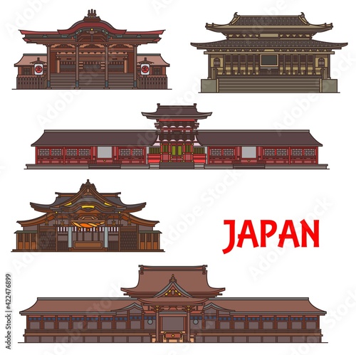 Japanese temples, pagodas and shrines, Japan travel landmarks architecture, vector buildings. Kotohira-gu temple in Kagawa, Taga-jinja and Usa Hachimangu Shinto shrine in Shizuoka Prefecture, Japan