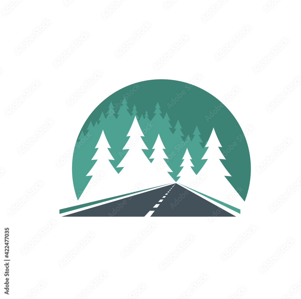 Obraz premium Road icon, highway in green forest, way or traffic route, vector. Road in forest sign for transport pathway drive and street journey, travel, tourism and highway construction symbol
