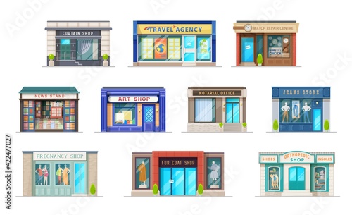 Store or shop building with storefront window cartoon vector icons of retail business. Isolated facades with front doors and signboards of fashion markets, travel agency, news stand and notary office