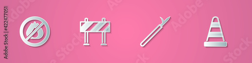 Set paper cut No fire, Road barrier, Metal pike pole and Traffic cone icon. Paper art style. Vector