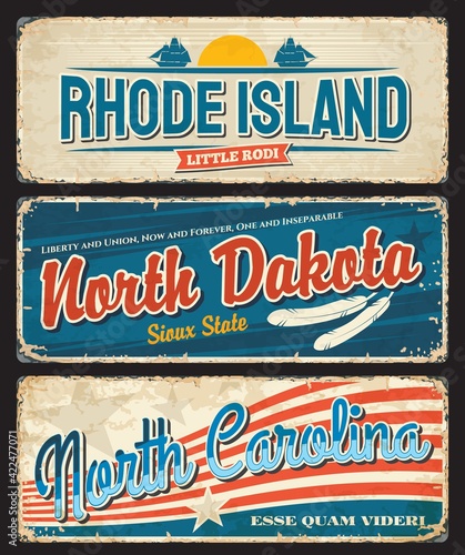USA North Dakota, Carolina and Rhode Island, America states, vector plate signs. US American states city motto and taglines on rusty metal plates, USA landmark flags on grunge signage