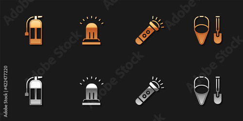 Set Fire extinguisher, Ringing alarm bell, Flashlight and shovel and bucket icon. Vector