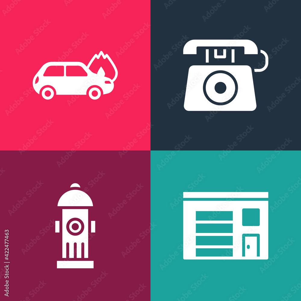 Set pop art Building of fire station, Fire hydrant, Telephone call 911 and Burning car icon. Vector Set pop art Building of fire station, Fire hydrant, Telephone call 911 and Burning car icon. Vector
