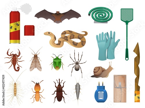 Agricultural, house pests and insects control icons. Snake, bat and scorpion, stink bug, spider and snail, centipede, termite and weevil beetle, swatter, aerosol and mosquito coil, mousetrap vector