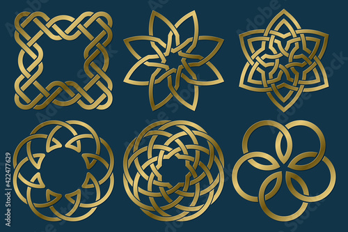 Set of golden sacred symbols. Vector abstract mystic signs collection. Isolated jewelry logo templates.