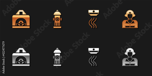 Set Interior fireplace, Fire hydrant, Smoke alarm system and Firefighter icon. Vector