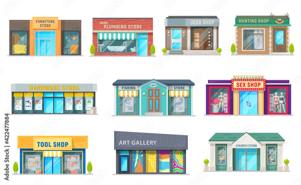 Store, shop and art gallery buildings with vector storefront windows, glass front doors and awnings. Isolated objects of retail business property and commercial real estate, hunting and plumbing store