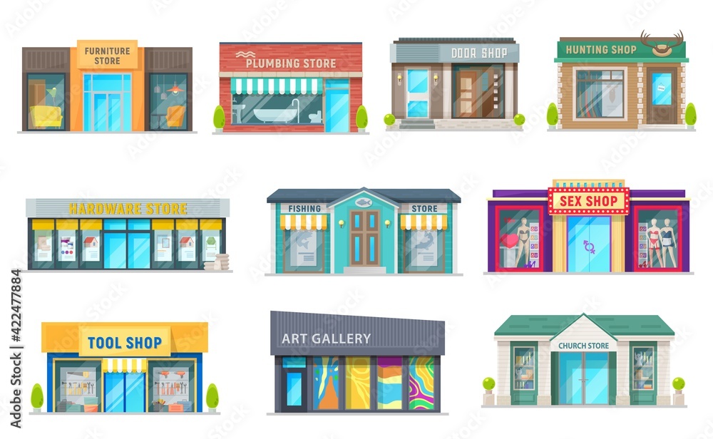 Store, shop and art gallery buildings with vector storefront windows, glass front doors and awnings. Isolated objects of retail business property and commercial real estate, hunting and plumbing store Store, shop and art gallery buildings with vector storefront windows, glass front doors and awnings. Isolated objects of retail business property and commercial real estate, hunting and plumbing store