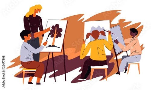 Teacher in art classes with kids painting lessons
