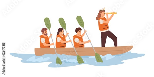 Leader and team of employees rowing in boat toward corporate goal. Concept of strategy, leadership, teamwork and collaboration in business. Flat vector illustration isolated on white background