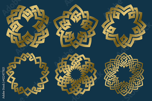 Set of golden sacred symbols. Vector abstract ancient signs collection. Isolated jewelry logo templates.