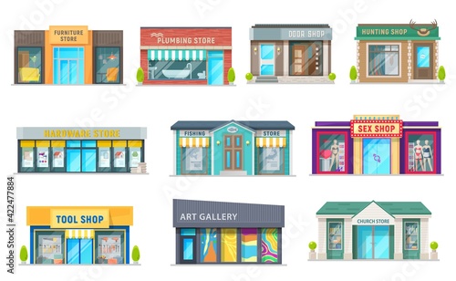Fototapeta Naklejka Na Ścianę i Meble -  Store, shop and art gallery buildings with vector storefront windows, glass front doors and awnings. Isolated objects of retail business property and commercial real estate, hunting and plumbing store