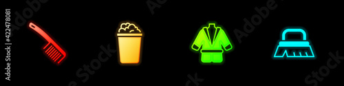 Set Hairbrush, Bucket with soap suds, Bathrobe and Brush for cleaning icon. Vector