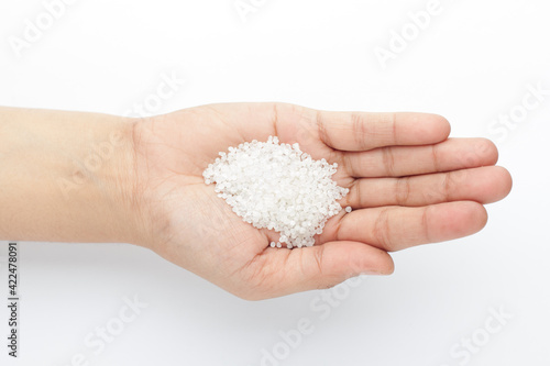 Macro Close up of organic white sago or sabudana small size on the palm of a Female hand. Top view