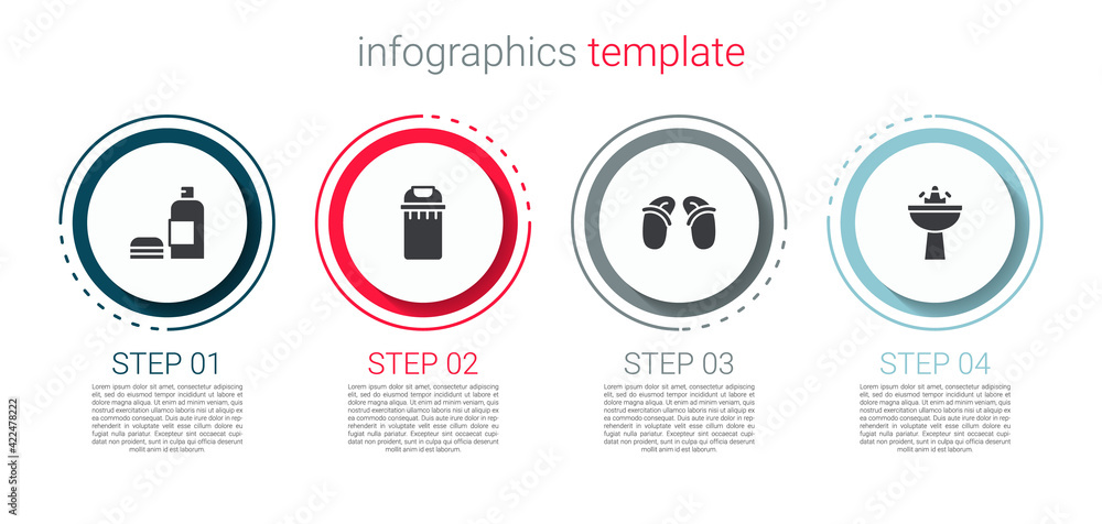 Set Bottle of shampoo, Trash can, Flip flops and Washbasin with water tap. Business infographic template. Vector Set Bottle of shampoo, Trash can, Flip flops and Washbasin with water tap. Business infographic template. Vector