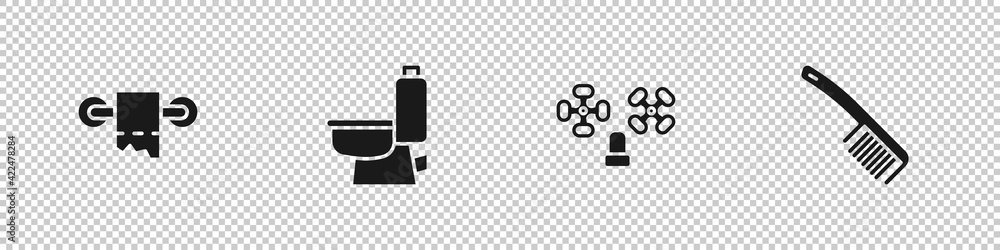 Set Toilet paper roll, bowl, Water tap and Hairbrush icon. Vector Set Toilet paper roll, bowl, Water tap and Hairbrush icon. Vector