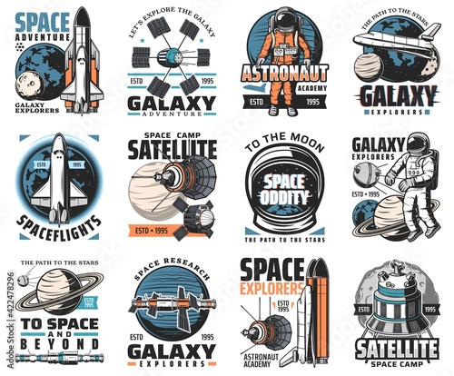Galaxy exploration vector icons. Astronaut, rocket in outer space, cosmos explore shuttles expedition, research or adventure. Satellite in space, alien planet colonization mission, space labels set