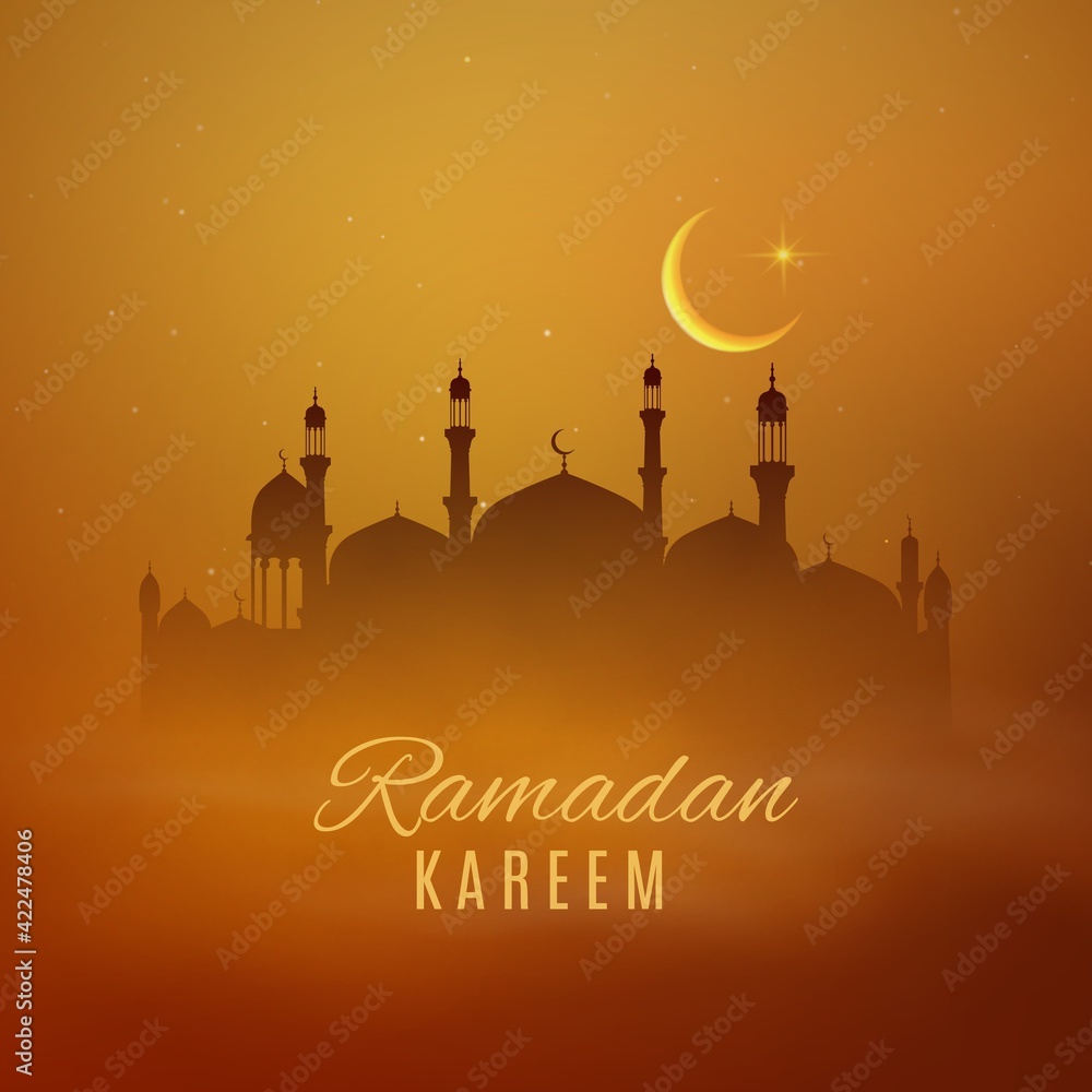 Ramadan Kareem holiday Arabian mosque vector Eid Mubarak design. Islam religion masjid and minaret tower silhouettes on background of sunset sky with crescent moon and stars, Arab Muslim holiday