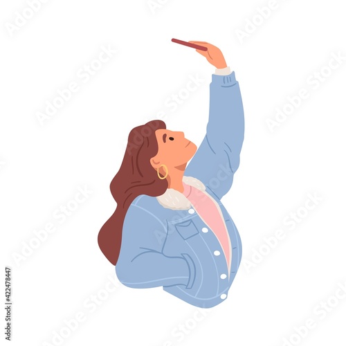 Young modern woman with mobile phone taking photo or selfie, holding her hand raised up. Female character using smartphone. Flat vector illustration of person with gadget isolated on white background