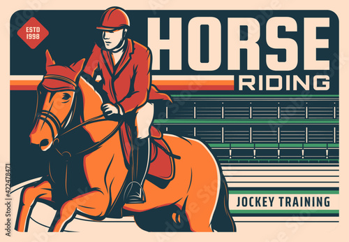 Horse races poster retro, equestrian rides and jockey training center, vector. Horse racing polo club and equine riding, polo jockey riding horse trotter on steeplechase hippodrome