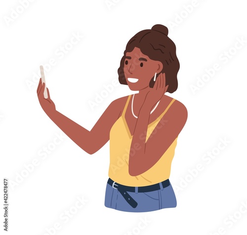 Young woman holding smartphone and chatting online. Happy female character with mobile phone taking selfie or recording video for social media. Colored flat vector illustration isolated on white