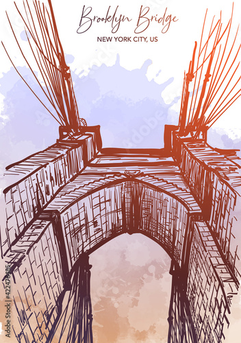 Brooklyn Bridge. Travel sketchbook picture. Architectural drawing with a grunge background on a separate layer. EPS10 vector illustration.