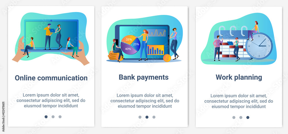 Modern flat illustrations in the form of a slider for web design. A set of UI and UX interfaces for the user interface.Online communication,bank payments, and work planning.