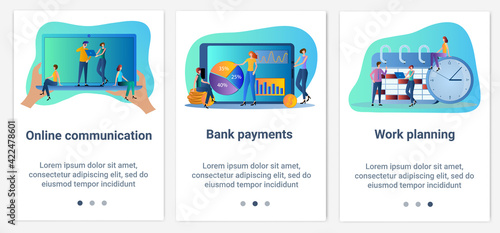 Modern flat illustrations in the form of a slider for web design. A set of UI and UX interfaces for the user interface.Online communication,bank payments, and work planning.