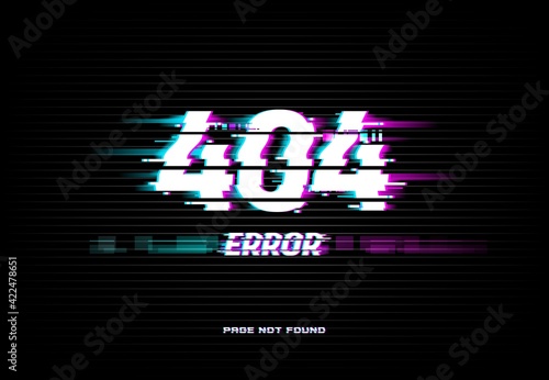 Page not found 404 error on glitched screen background. Problem with Internet connection, site access technical trouble and webpage loading failure concept with electric interferences vector effect photo