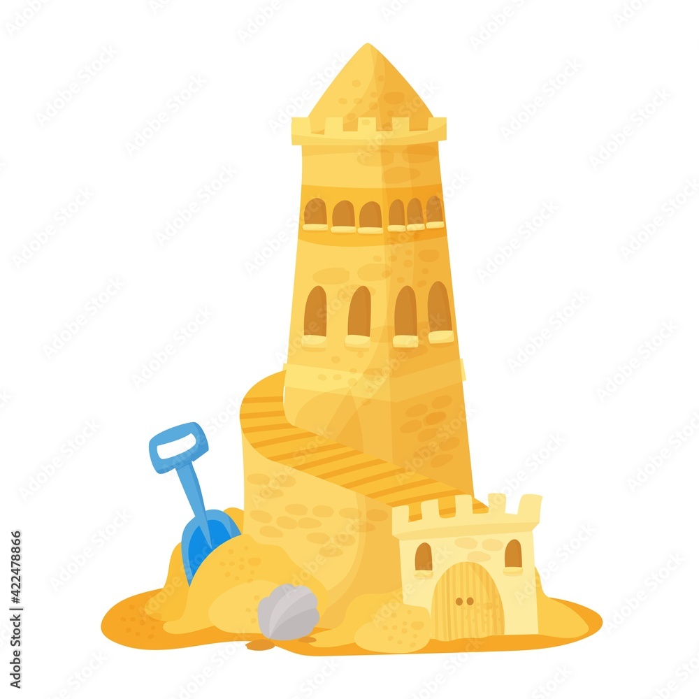 Sand castle on the beach. Vector illustration isolated on white background Sand castle on the beach. Vector illustration isolated on white background