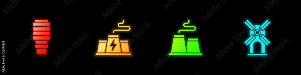 Set LED light bulb, Power station plant factory, Factory and Wind turbine icon. Vector Set LED light bulb, Power station plant factory, Factory and Wind turbine icon. Vector