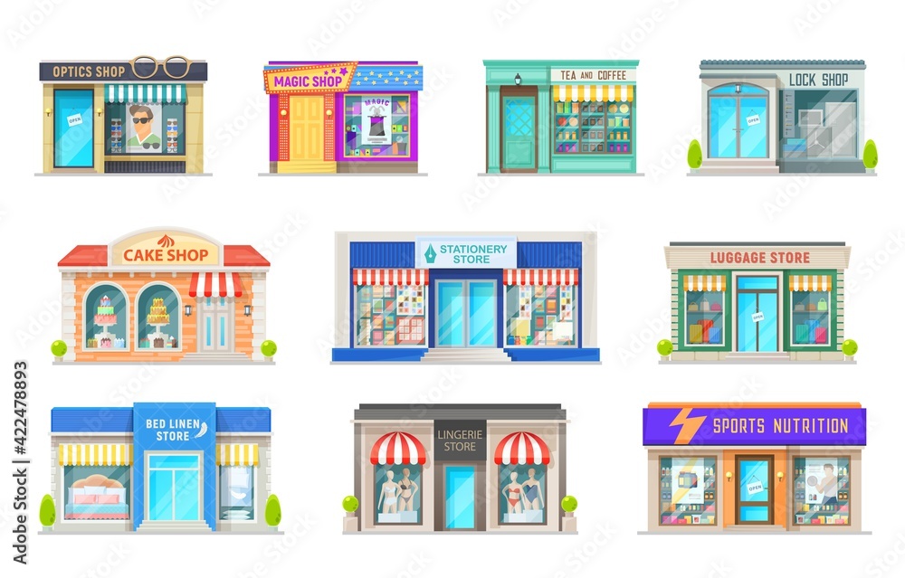 Shop, store and street market building cartoon vector icons of retail business property. Isolated house exteriors with storefront glass windows, vintage awnings and signboards, commercial real estate