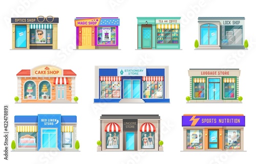 Shop, store and street market building cartoon vector icons of retail business property. Isolated house exteriors with storefront glass windows, vintage awnings and signboards, commercial real estate