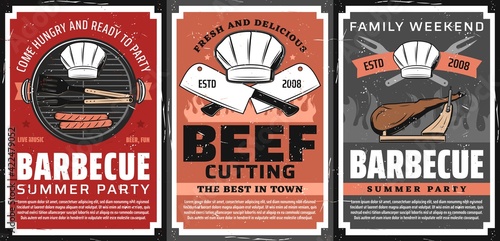 Barbecue party and steak restaurant retro poster. Sausages grilling on barbecue grill grid, BBQ tongs, fork and chef toque, kitchen hatchet, jamon leg on cutting stand vector. BBQ summer party banner