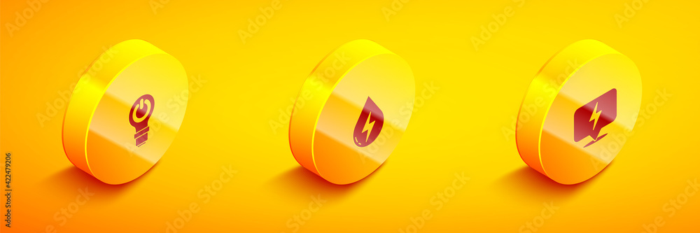 Set Isometric Light bulb with lightning, Water energy and Lightning bolt icon. Vector Set Isometric Light bulb with lightning, Water energy and Lightning bolt icon. Vector