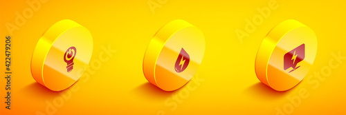 Set Isometric Light bulb with lightning, Water energy and Lightning bolt icon. Vector