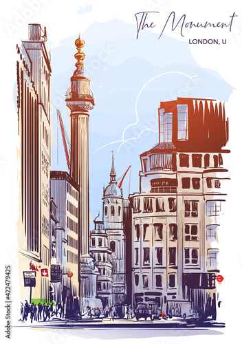 The Monument to the Great London Fire 1666. City sketch painted with watercolor. A4 vertical format. EPS10 vector illustration