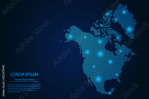 Abstract image North America map from point blue and glowing stars on a dark background. Vector Illustration.