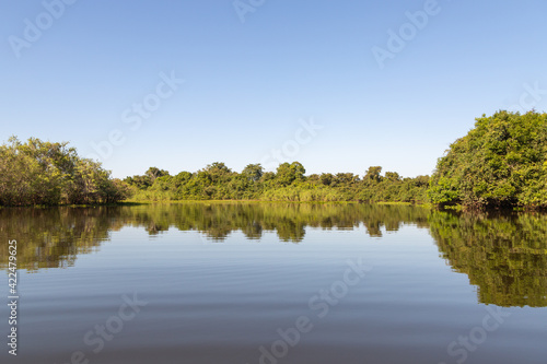 Landscape in the northern Pantanal along the Rio Sao Lourenco with reflections in the water, Mato Grosso, Brazil photo