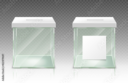 Empty donation box, glass plastic ballot container