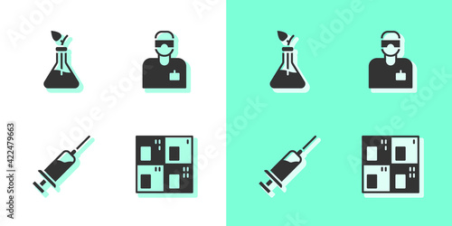 Set Periodic table, Plant breeding, Syringe and Laboratory assistant icon. Vector