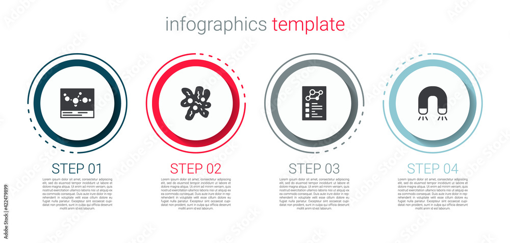 Set Chemical formula, Cell, Clinical record and Magnet. Business infographic template. Vector Set Chemical formula, Cell, Clinical record and Magnet. Business infographic template. Vector
