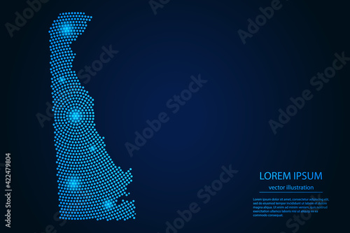 Abstract image Delaware map from point blue and glowing stars on a dark background. vector illustration. 