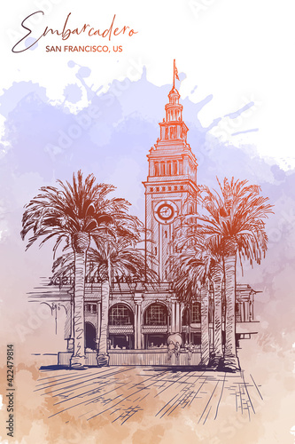 Panorama of the Embarcadero Ferry building in San Francisco and palm tree alley. Cityscape, urban hand drawing. Sketch on grunge spot background. EPS10 vector illustration.