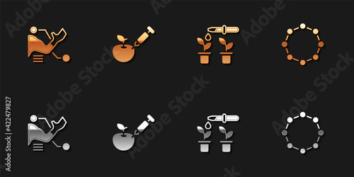 Set Prosthesis hand, Genetically modified apple, Pipette plant and Chemical formula icon. Vector