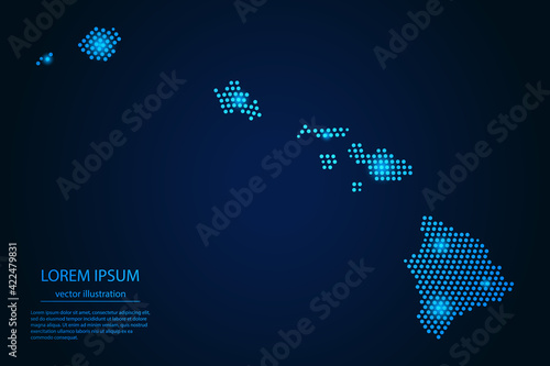 Abstract image Hawaii map from point blue and glowing stars on a dark background. vector illustration. 