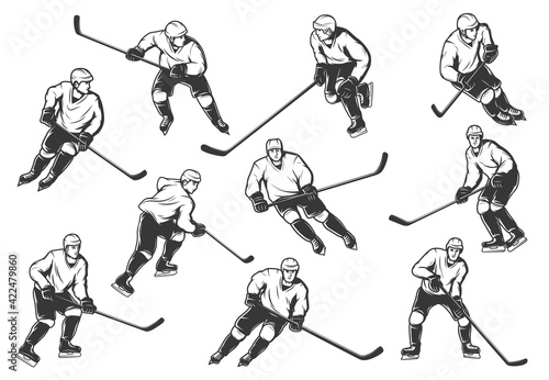 Ice hockey players vector monochrome sport team wear uniform and helmet with sticks in motion. Championship, hockey club competition, isolated male sportsmen characters, professional hockey equipment