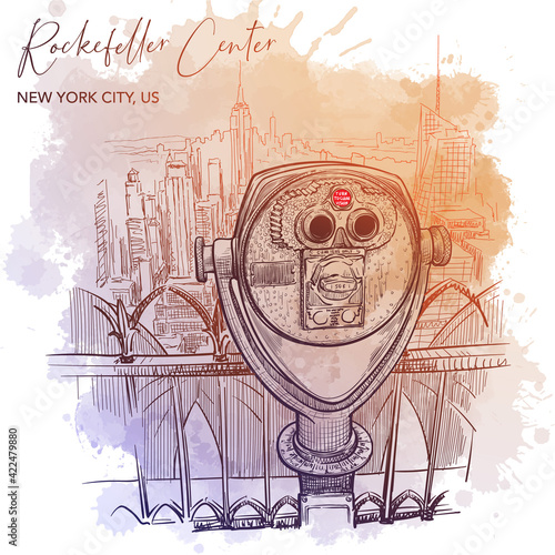 Manhattan panorama as seen from top of the observation deck of a skyscraper. Sketch isolated on grunge watercolor background. EPS10 vector illustration.